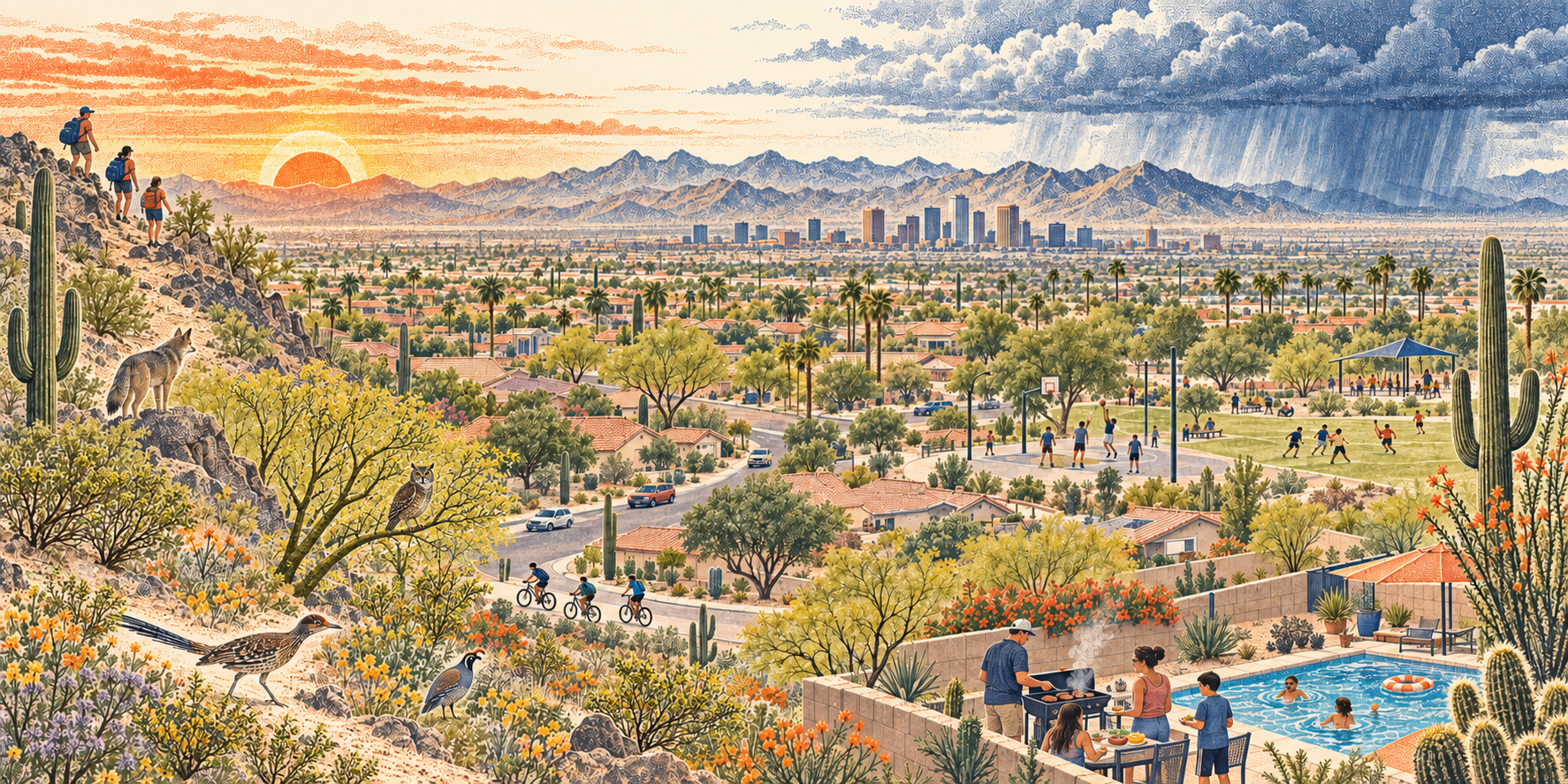 Stippled illustration of Metro Phoenix life: mountains and hikers, a coyote, an owl and desert birds, wildflowers and saguaros, bicyclists, a park, homes, a family grilling beside a pool, a vivid sunset, and a monsoon.